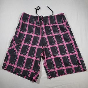 Hurley Men 34 Buckle Exclusive Board Shorts Black Fushia Plaid Tie Front Cargo